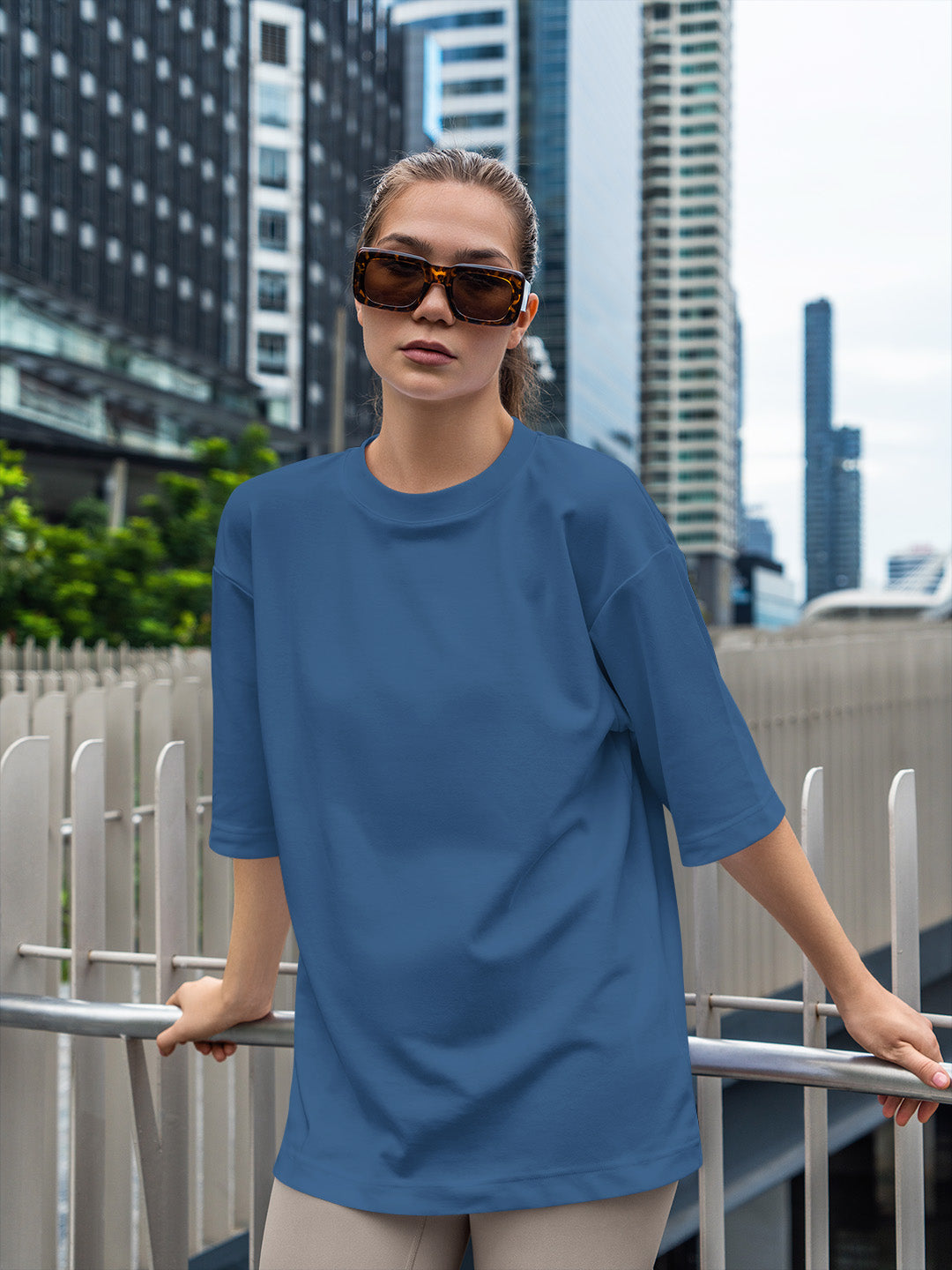 Blue Solid Oversized Tee